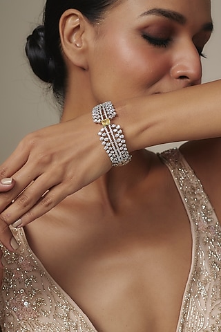 White Rhodium Finish Yellow Sapphire Stone Bangle In Sterling Silver by Aurashni
