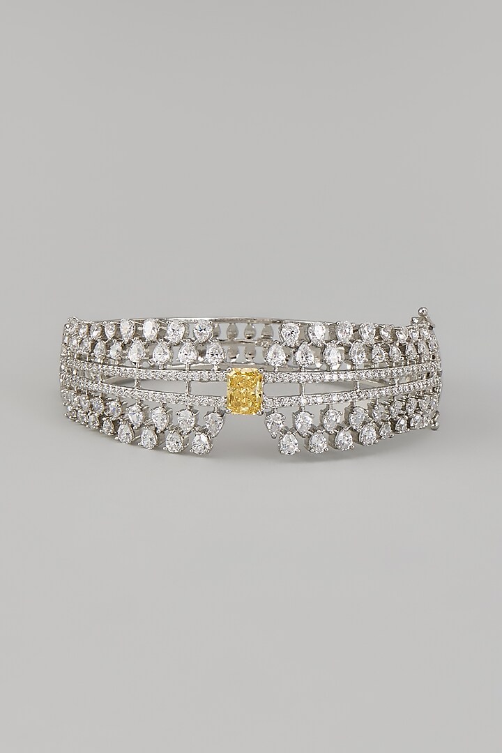 White Rhodium Finish Yellow Sapphire Stone Bangle In Sterling Silver by Aurashni at Pernia's Pop Up Shop