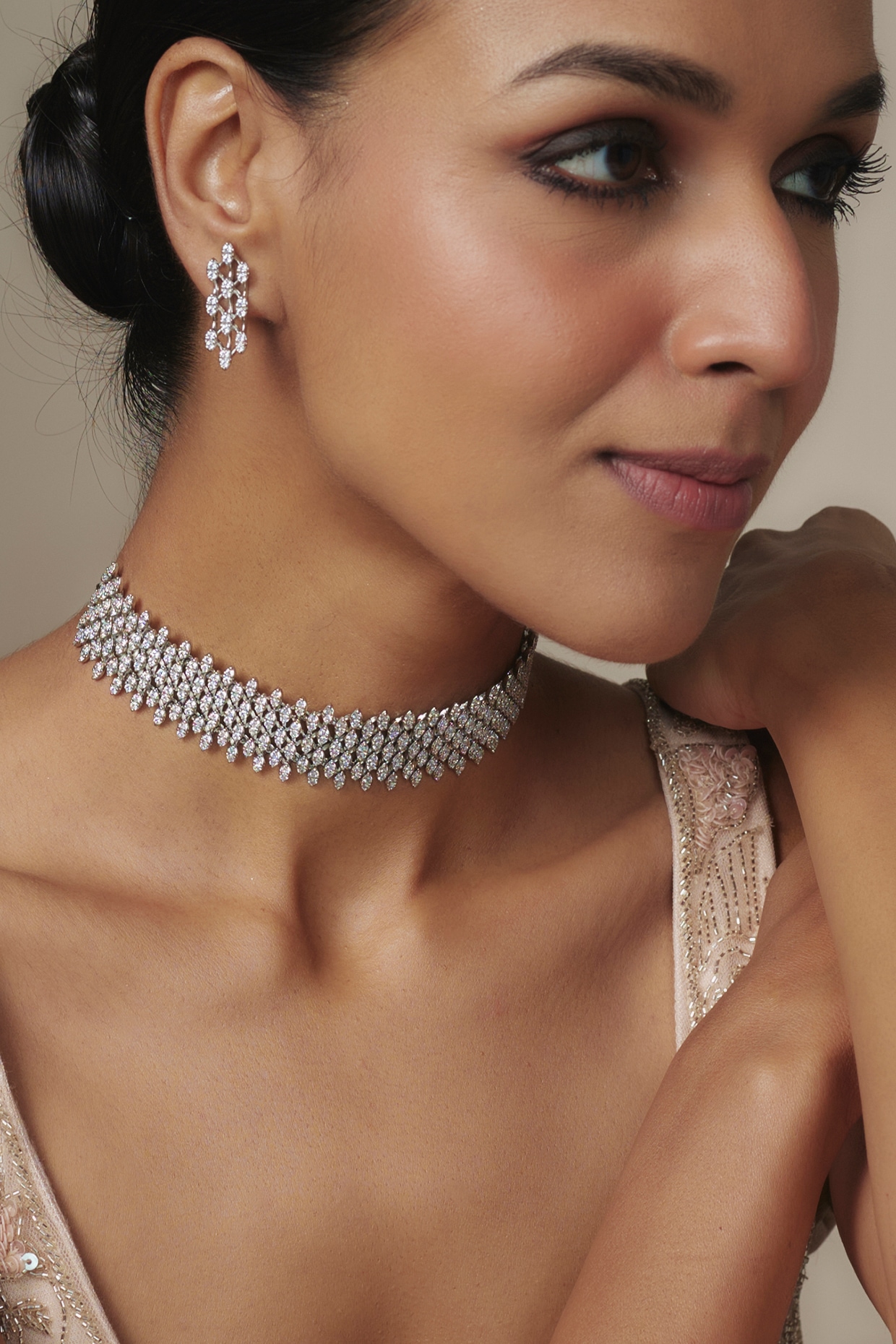 White Rhodium Finish Zircon Choker Necklace Set by Aurashni