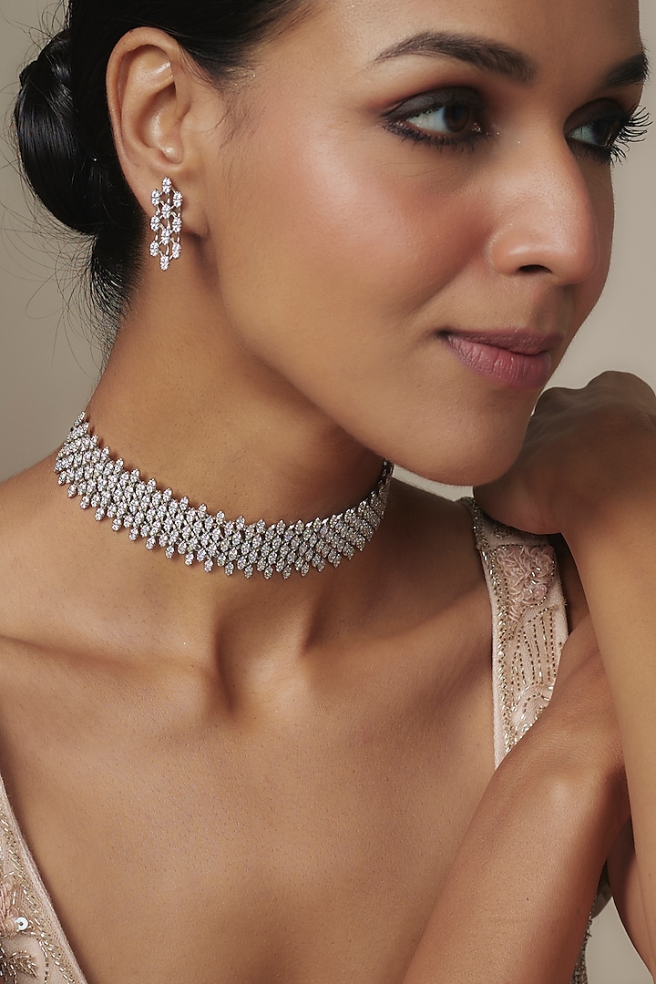 White Rhodium Finish Zircon Choker Necklace Set by Aurashni at Pernia's Pop Up Shop