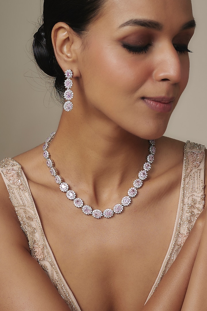 White Rhodium Finish Baby Pink Sapphire Stone Necklace Set by Aurashni at Pernia's Pop Up Shop