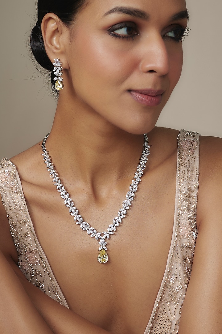 White Rhodium Finish Yellow Sapphire Stone Drop Necklace Set by Aurashni at Pernia's Pop Up Shop