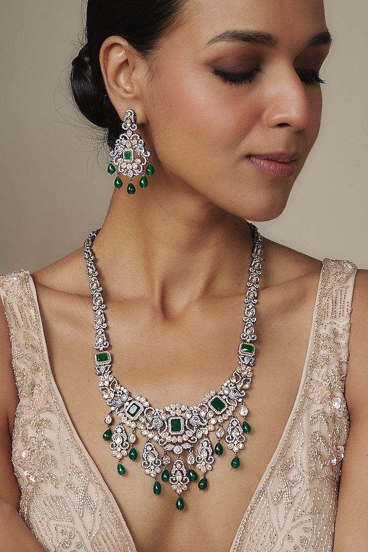 Two Tone Finish Kundan Polki & Emerald Stone Necklace Set by Aurashni at Pernia's Pop Up Shop