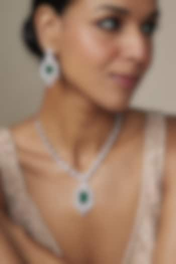 White Rhodium Finish Emerald Stone Necklace Set In Sterling Silver by Aurashni at Pernia's Pop Up Shop