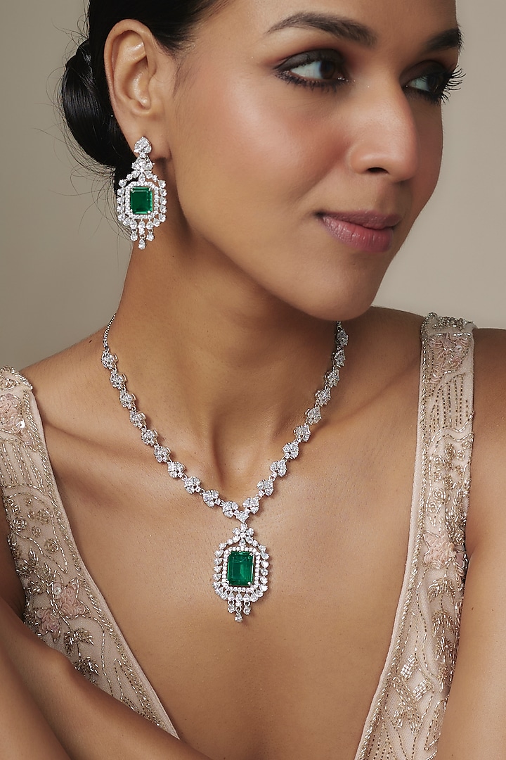 White Rhodium Finish Emerald Stone Necklace Set In Sterling Silver by Aurashni at Pernia's Pop Up Shop