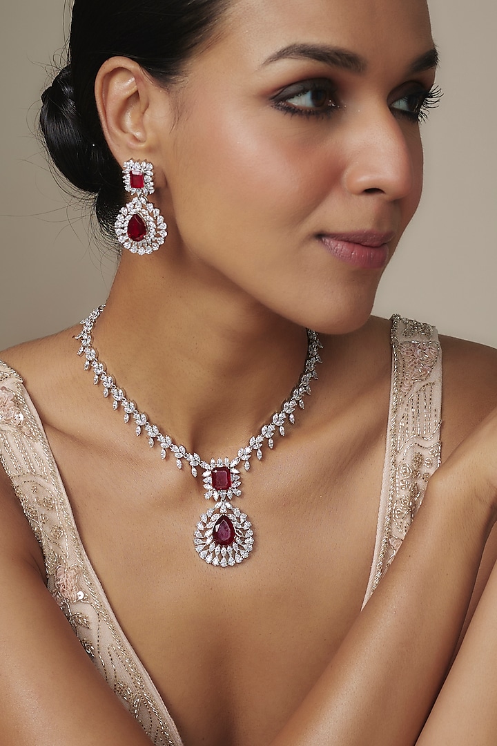 White Rhodium Finish Ruby Stone Necklace Set In Sterling Silver by Aurashni at Pernia's Pop Up Shop