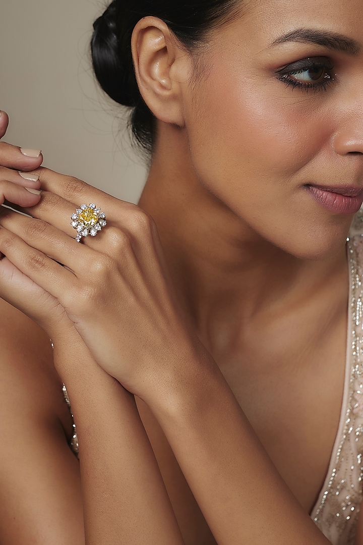 White Rhodium Finish Yellow Sapphire Stone Ring In Sterling Silver by Aurashni at Pernia's Pop Up Shop