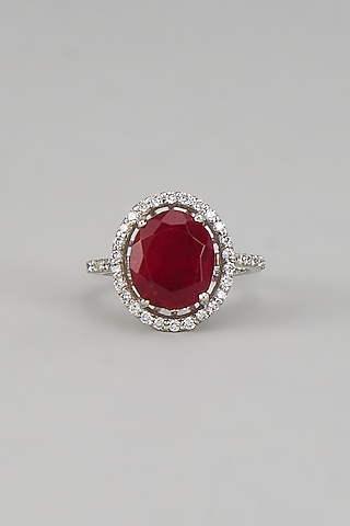 White Rhodium Finish Maroon Gemstone Ring In Sterling Silver by Aurashni