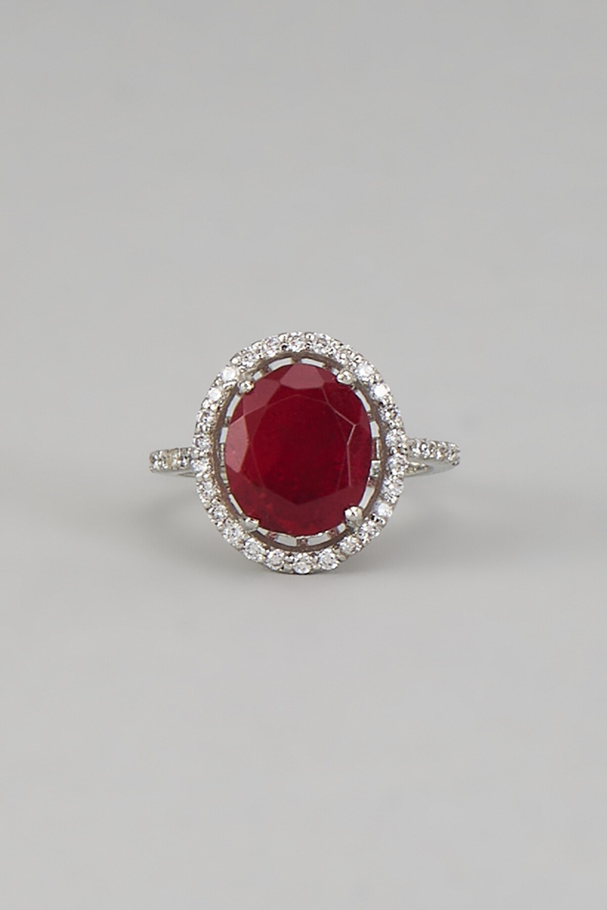 White Rhodium Finish Maroon Gemstone Ring In Sterling Silver by