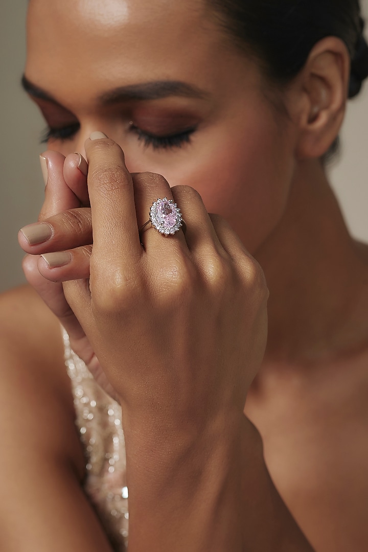 White Rhodium Finish Pink Sapphire Stone Ring In Sterling Silver by Aurashni at Pernia's Pop Up Shop