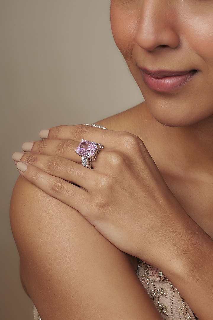 White Rhodium Finish Pink Sapphire Stone Ring In Sterling Silver by Aurashni at Pernia's Pop Up Shop