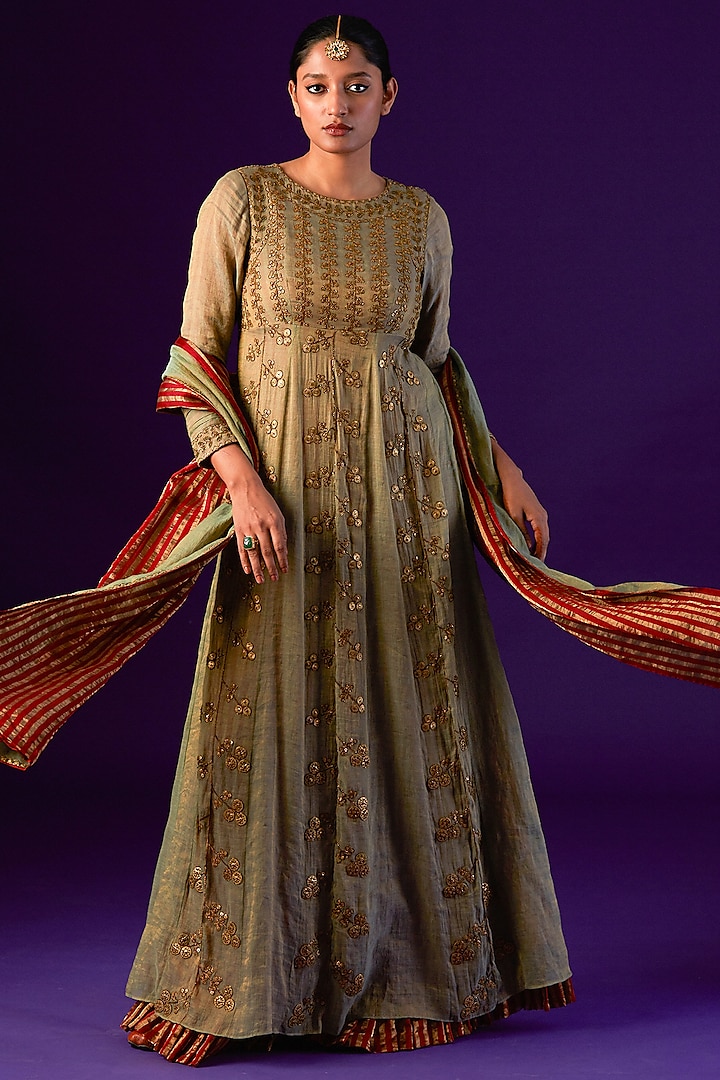 Olive Green & Red Cotton Silk Embellished Anarkali Set by AURUL
