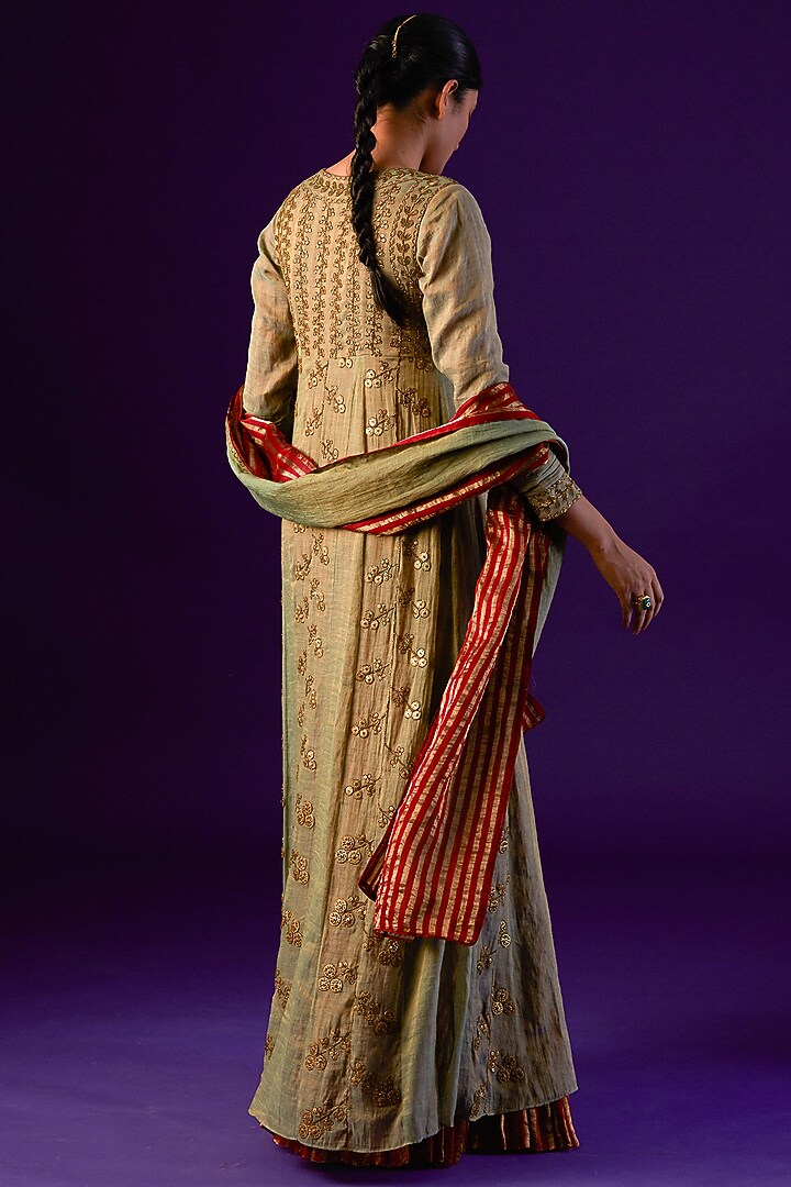Olive Green & Red Cotton Silk Embellished Wedding Anarkali Set by AURUL at Pernia's Pop Up Shop