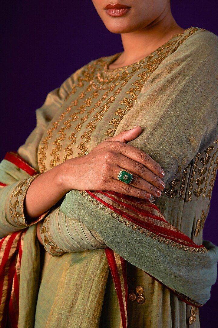 Olive Green & Red Cotton Silk Embellished Wedding Anarkali Set by AURUL at Pernia's Pop Up Shop