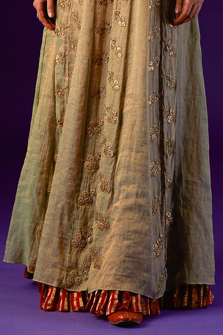 Olive Green & Red Cotton Silk Embellished Wedding Anarkali Set by AURUL at Pernia's Pop Up Shop