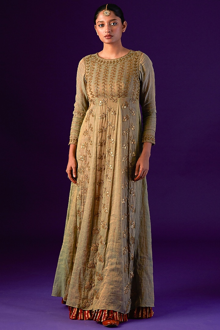 Olive Green & Red Cotton Silk Embellished Wedding Anarkali Set by AURUL at Pernia's Pop Up Shop