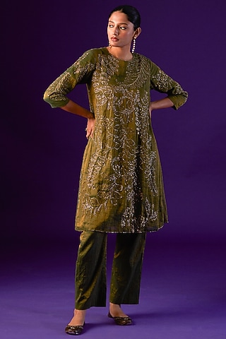 Dark Green Cotton Silk Embellished Kurta Set by AURUL