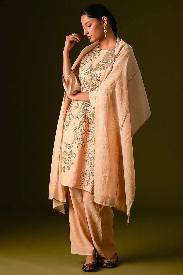 Beige Cotton Silk Embellished Kurta Set by AURUL