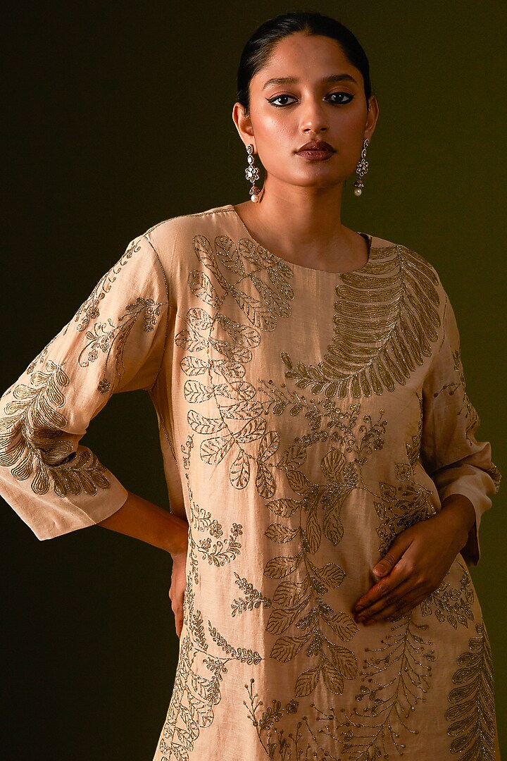 Beige Cotton Silk Embellished Kurta Set by AURUL at Pernia's Pop Up Shop
