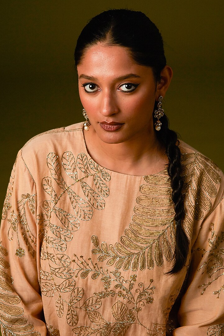 Beige Cotton Silk Embellished Kurta Set by AURUL at Pernia's Pop Up Shop