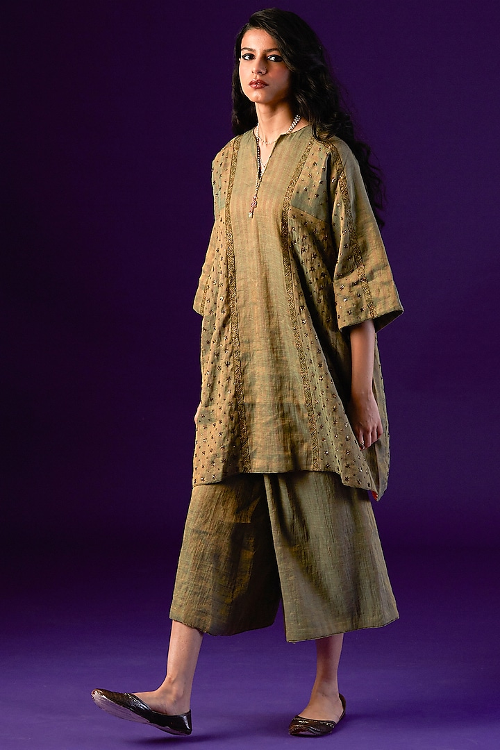 Olive Green & Red Cotton Silk Embroidered Kurta Set by AURUL