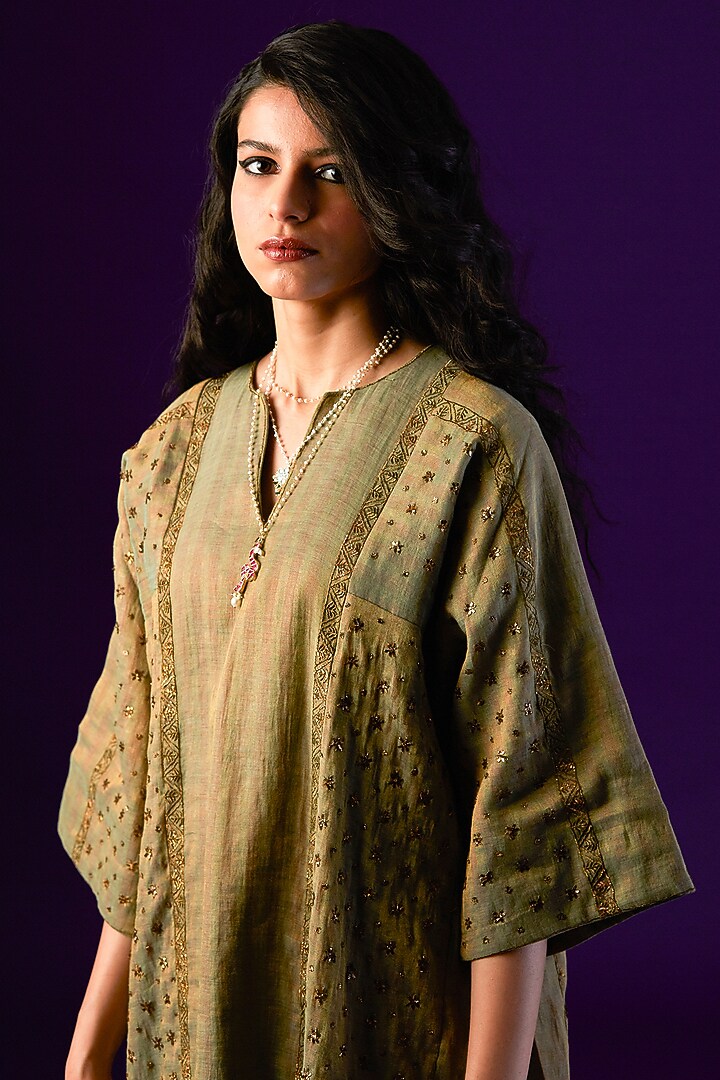 Olive Green & Red Cotton Silk Embroidered Kurta Set by AURUL at Pernia's Pop Up Shop