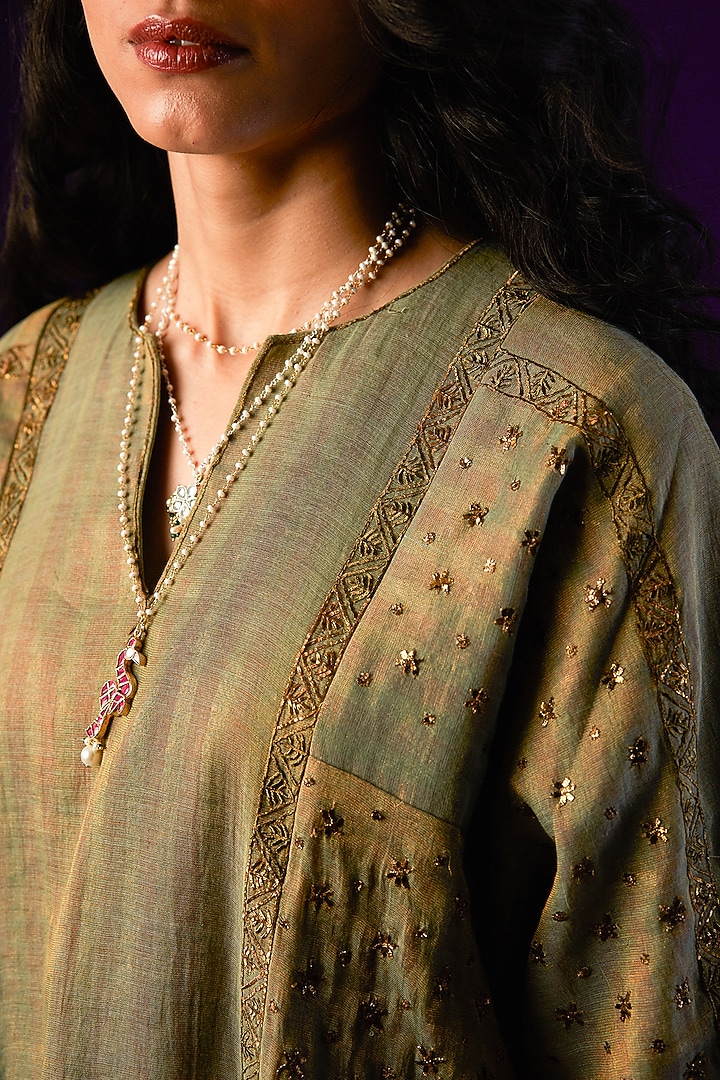Olive Green & Red Cotton Silk Embroidered Kurta Set by AURUL at Pernia's Pop Up Shop