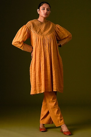 Mustard Yellow Cotton Silk Embroidered Kurta Set by AURUL