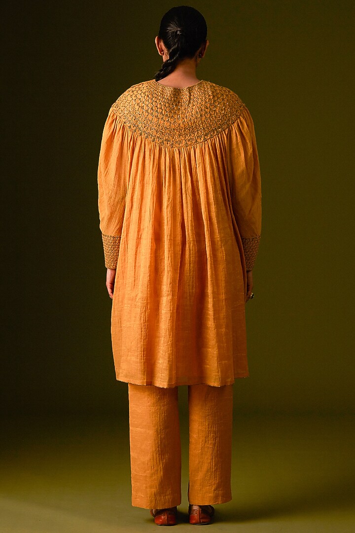 Mustard Yellow Cotton Silk Embroidered Kurta Set by AURUL at Pernia's Pop Up Shop