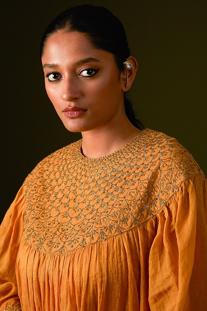 Mustard Yellow Cotton Silk Embroidered Kurta Set by AURUL at Pernia's Pop Up Shop