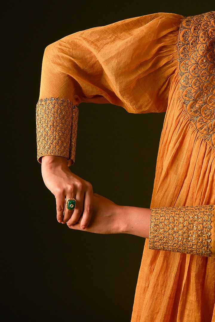 Mustard Yellow Cotton Silk Embroidered Kurta Set by AURUL at Pernia's Pop Up Shop