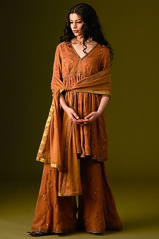 Light Brown Cotton Silk Sharara Set by AURUL
