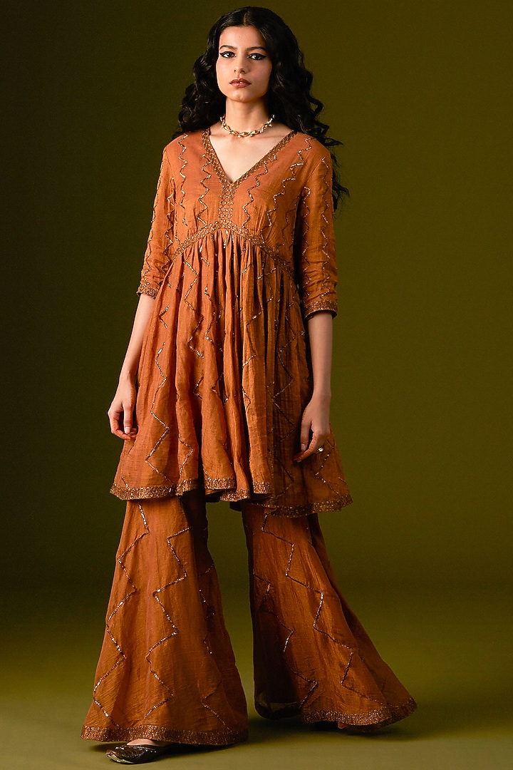 Light Brown Cotton Silk Wedding Sharara Set by AURUL at Pernia's Pop Up Shop