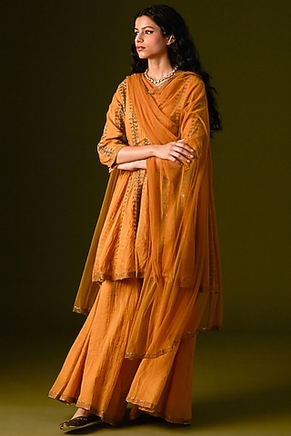 Mustard Yellow Cotton Silk Sharara Set by AURUL