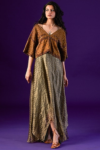 Olive Green Cotton Silk Embellished Dress With Top by AURUL
