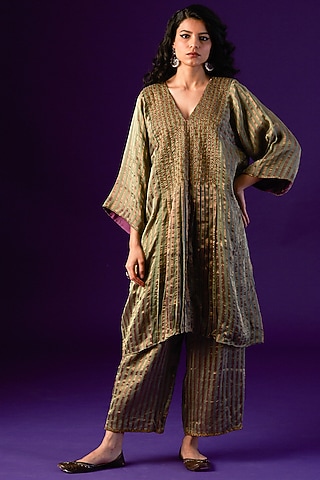 Light Green Cotton Silk Embroidered Kurta Set by AURUL