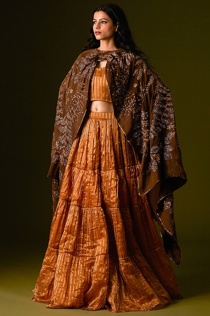 Light Brown Silk Embellished Jacket Lehenga Set by AURUL