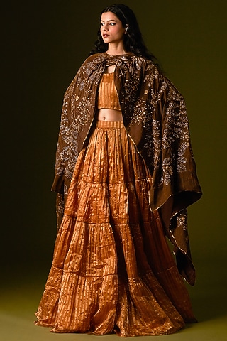 Light Brown Silk Embellished Jacket Lehenga Set by AURUL