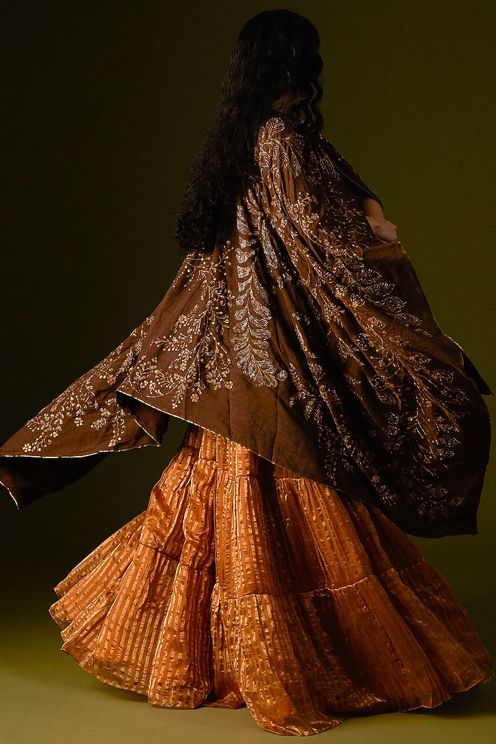 Light Brown Silk Embellished Jacket Wedding Lehenga Set by AURUL at Pernia's Pop Up Shop