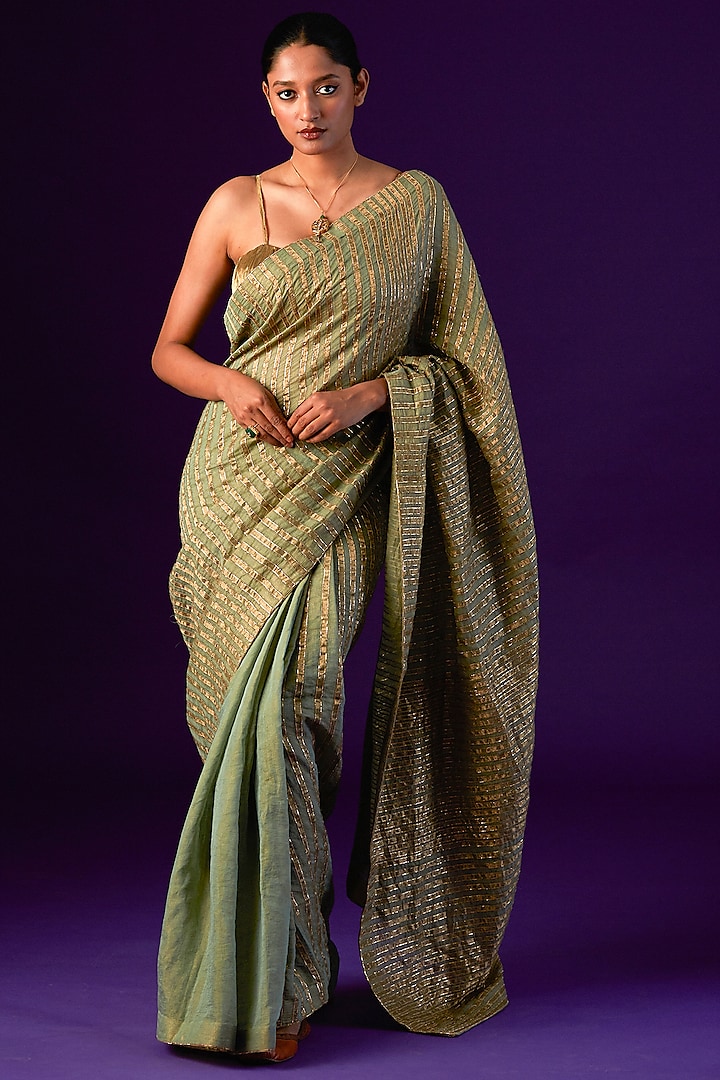 Light Green Cotton Silk Embellished Saree Set by AURUL