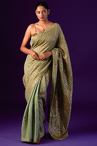Light Green Cotton Silk Embellished Saree Set by AURUL