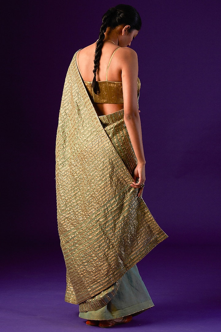 Light Green Cotton Silk Embellished Wedding Saree Set by AURUL at Pernia's Pop Up Shop