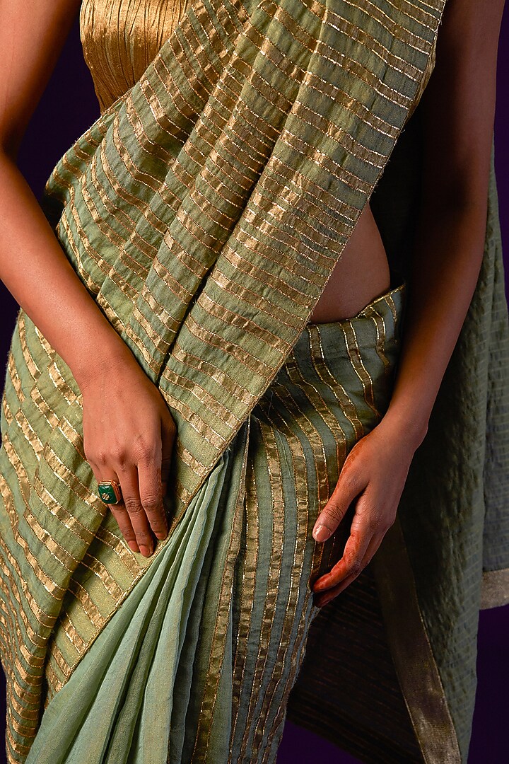 Light Green Cotton Silk Embellished Wedding Saree Set by AURUL at Pernia's Pop Up Shop