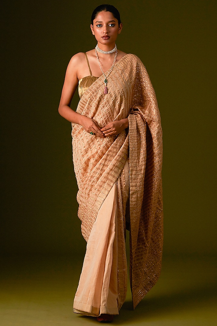 Beige Cotton Silk Embellished Saree Set by AURUL