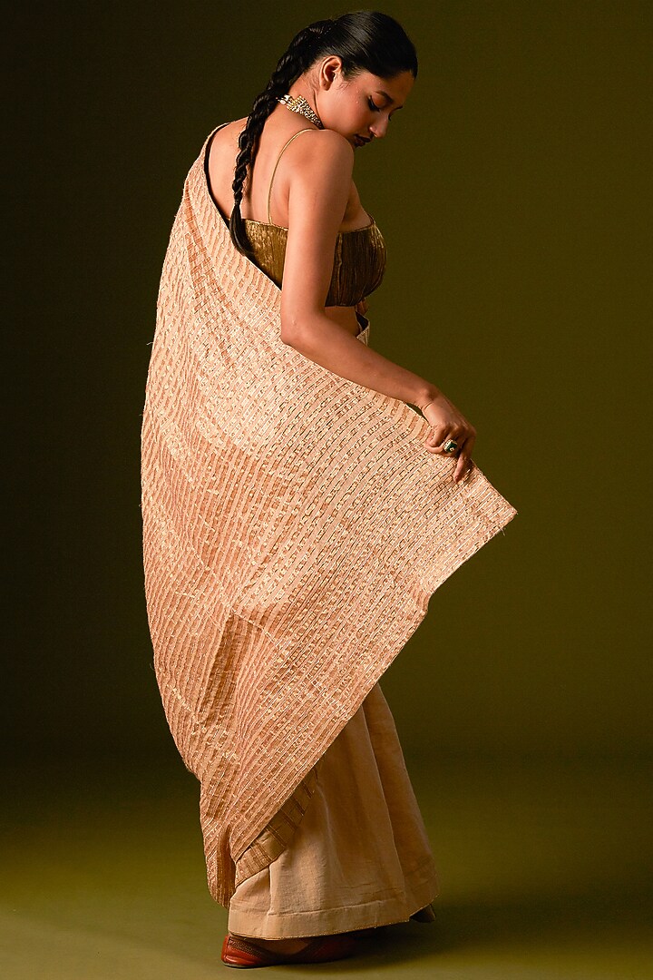 Beige Cotton Silk Embellished Wedding Saree Set by AURUL at Pernia's Pop Up Shop