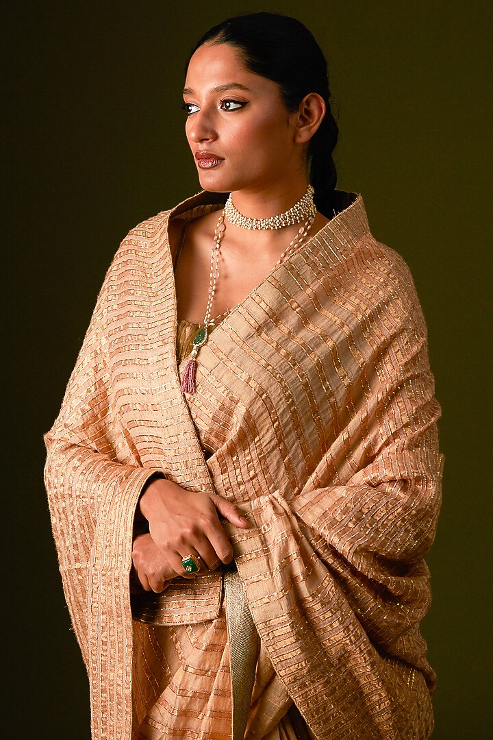 Beige Cotton Silk Embellished Wedding Saree Set by AURUL at Pernia's Pop Up Shop