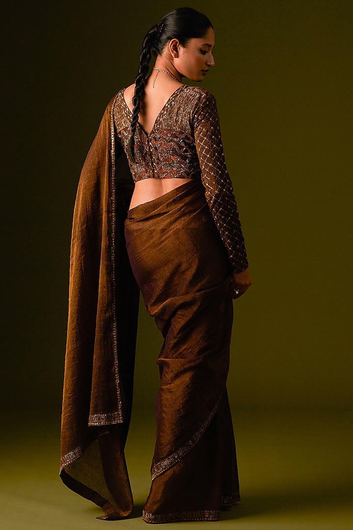 Dark Brown Cotton Silk Embellished Wedding Saree Set by AURUL at Pernia's Pop Up Shop