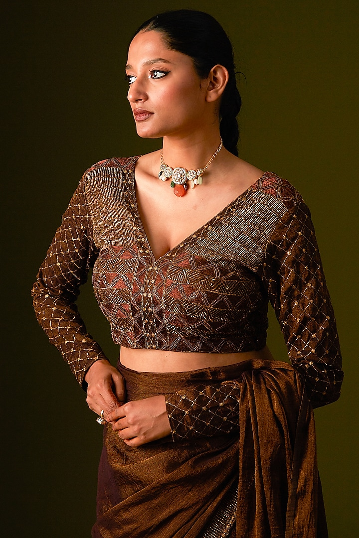 Dark Brown Cotton Silk Embellished Wedding Saree Set by AURUL at Pernia's Pop Up Shop