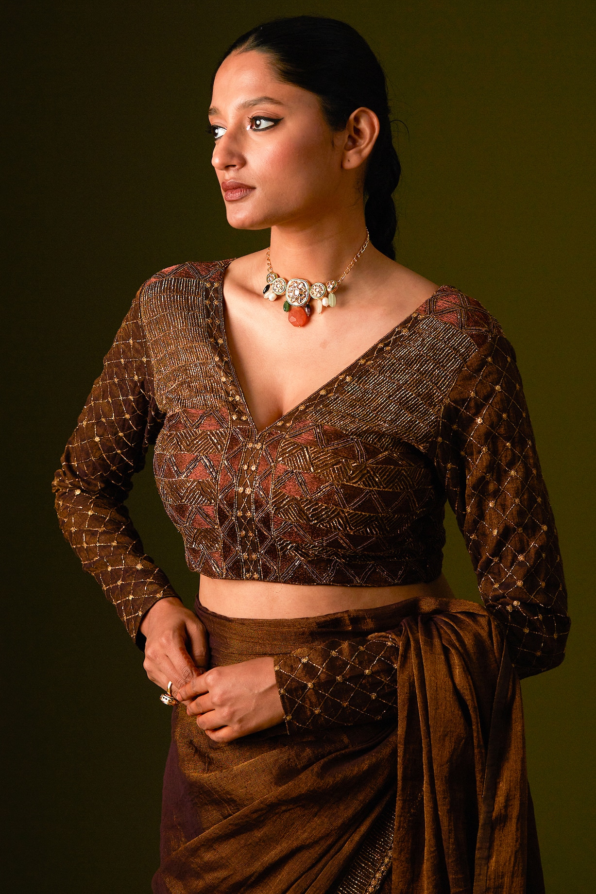 Antique Brown Embellished Imported Fabric Pre-Draped Saree main image 1