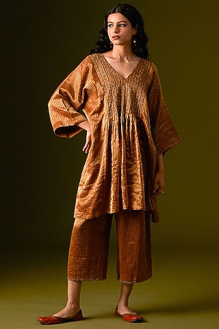 Light Brown Cotton Silk Embroidered Kurta Set by AURUL